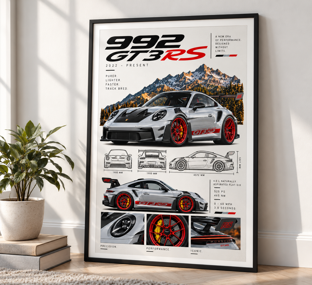 Porsche 992 GT3 RS Poster shown to scale above a sofa
