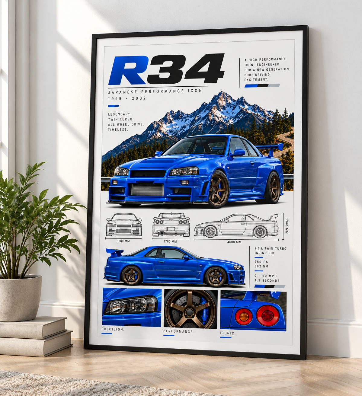 Nissan Skyline GT-R R34 Poster shown to scale above a sofa